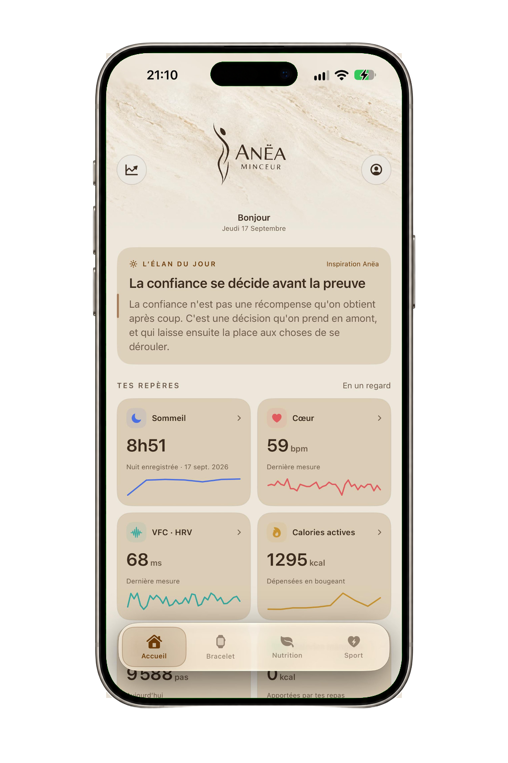 L'application Anëa sur téléphone : sommeil, cœur, VFC et activité du jour.